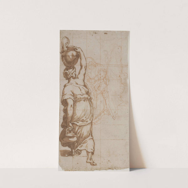 Kvinde med krukke på hovedet set bagfra, to kvinder med et klæde i baggrunden by Cesare Nebbia