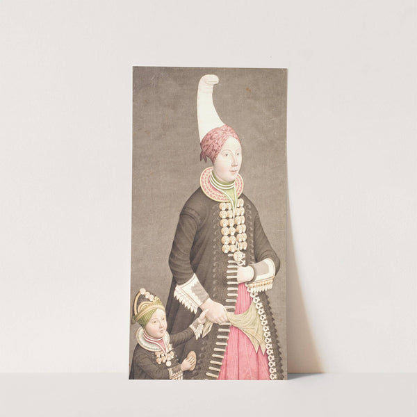 Kvinde og pige iført islandsk dragter by Olavius