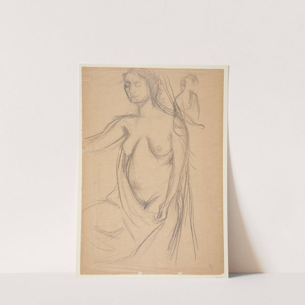 Kvindelig model, trekvart profil mod venstre, afskåret ved knæene, samt et lille modelstudie by Harald Giersing