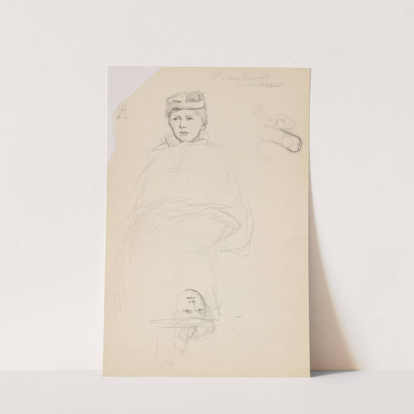 Kvinneportrett; riss av ben; riss av sko; kvinneansikt by Signe Scheel