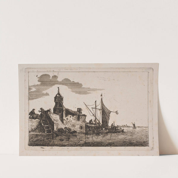Kystlandskab med både og huse ved en anløbsbro by Hans Jørgen Kirksteen