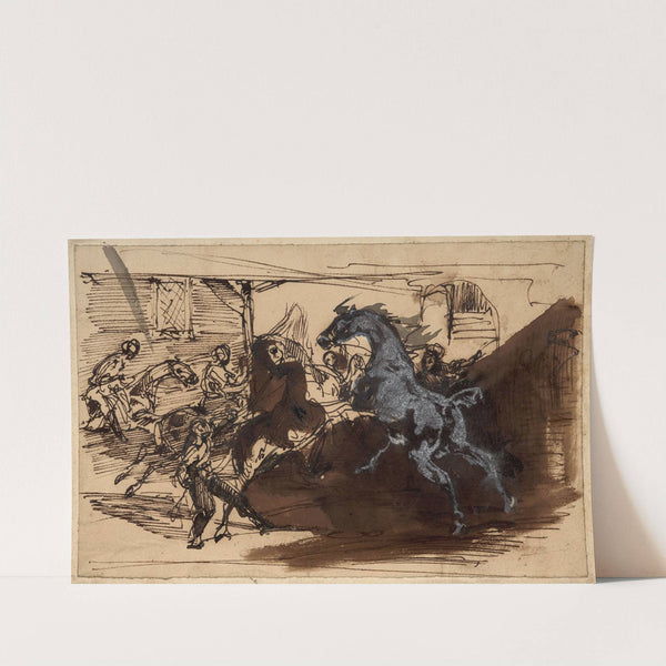 La course des chevaux libres à Rome by Horace Vernet