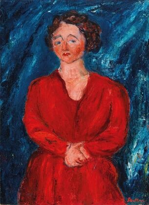 La Femme en rouge au fond bleu