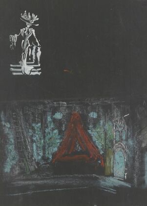 La Folle de Chaillot – maquette de décor – acte II, décor, vue d’ensemble, En haut à gauche, Constance descendant un escalier (1945) — size preview
