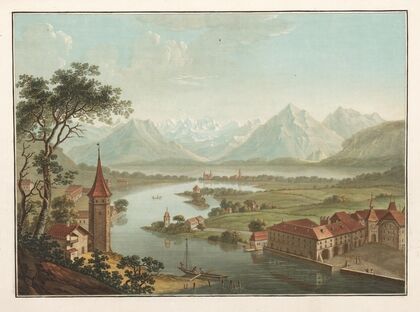 Lac et ville de Thun, avec la rivière de l’Aar, prise à Vue d’Oiseau- de la Terrasse du Chateau (1915-1945)