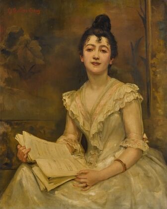 Lady in white reading a music score — size preview