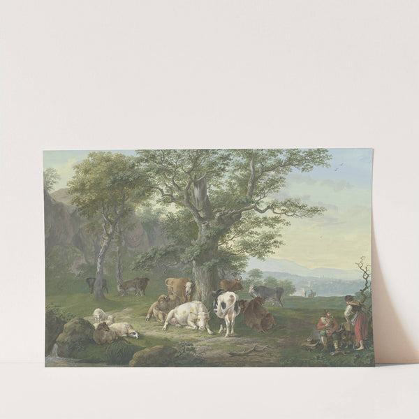 Lagernde Herde unter einer Eiche, rechts Hirte und Hirtin bei der Mahlzeit und Ausblick in die Ferne by Johann Georg Pforr