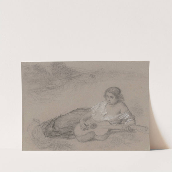 Lagernde junge Frau mit Gitarre by Friedrich Karl Hausmann