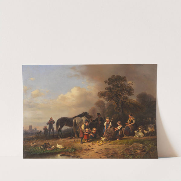 Ländliches Vergnügen. Bauernfamilie bei einem Korbe mit jungen Hühnchen by Wilhelm Alexander Meyerheim