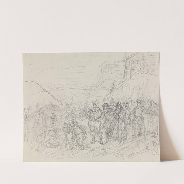 Landmåler blant soldater by Adolph Tidemand