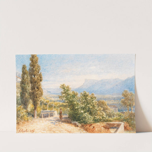 Landscape in the South Tyrol and figure staffage with Mendel mountain in the background by Gottfried Seelos