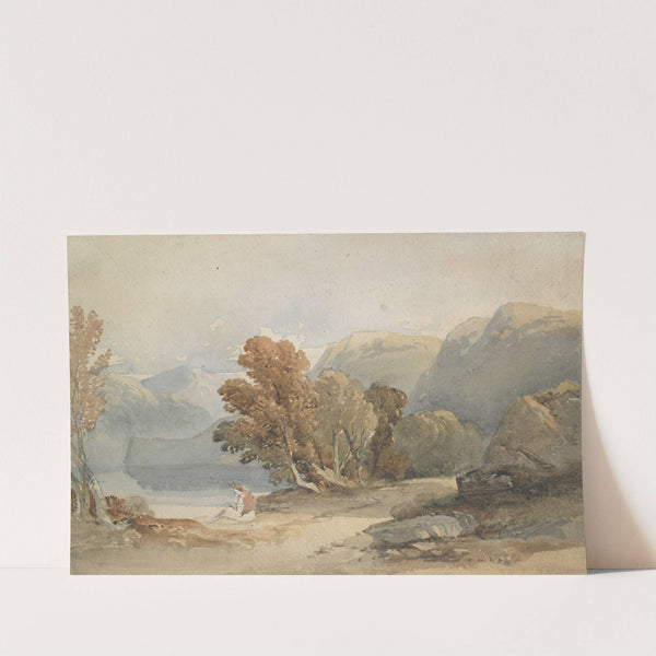 Landscape, lake and figure by John Varley