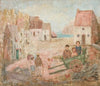 Landscape of a small town with children in a pram