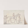 ‘Landscape Scenery’, No. 15: Racehorse with Jockey Up, Two Men Discussing the Horse (1823) by Henry Thomas Alken