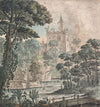 Landscape View of a Ruined Castle with River, Wooden Bridge and a Figure, Fishing