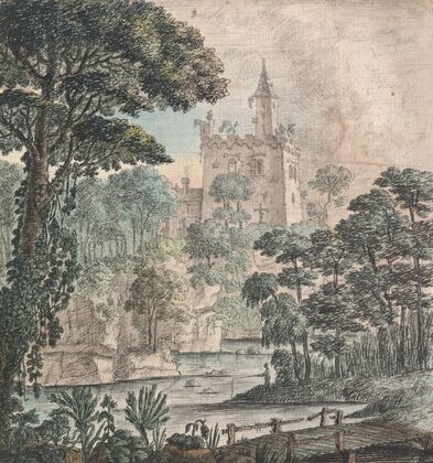 Landscape View of a Ruined Castle with River, Wooden Bridge and a Figure, Fishing