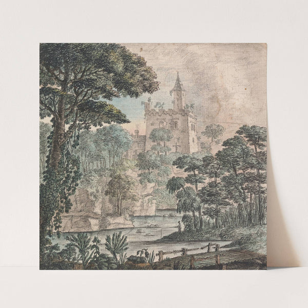 Landscape View of a Ruined Castle with River, Wooden Bridge and a Figure, Fishing by Henry Swinburne