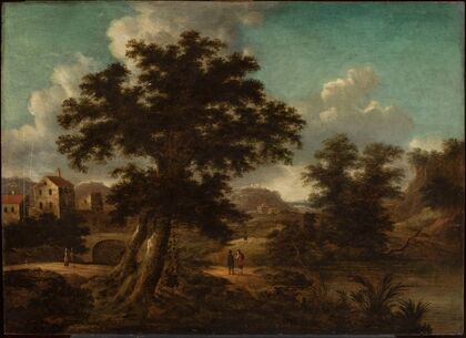 Landscape with a bridge, a large tree and travellers