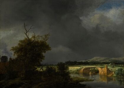 Landscape with a cottage and stone bridge under a cloudy sky