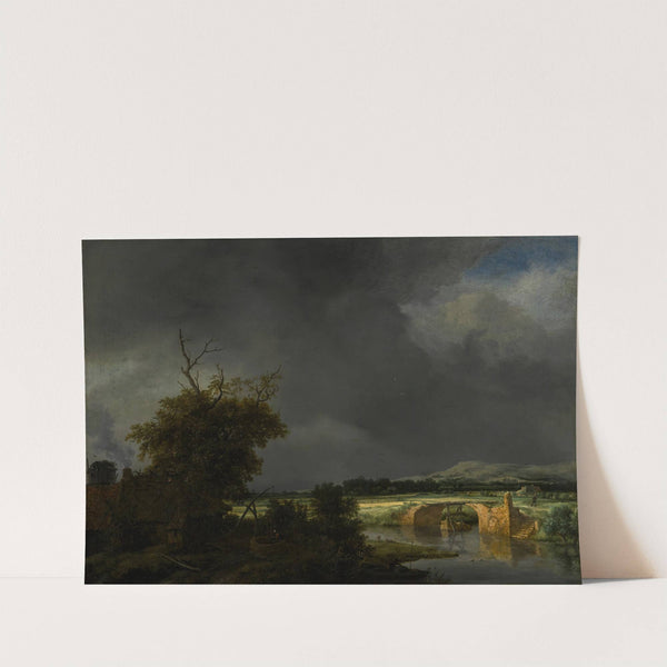 Landscape with a cottage and stone bridge under a cloudy sky by Jacob van Ruisdael