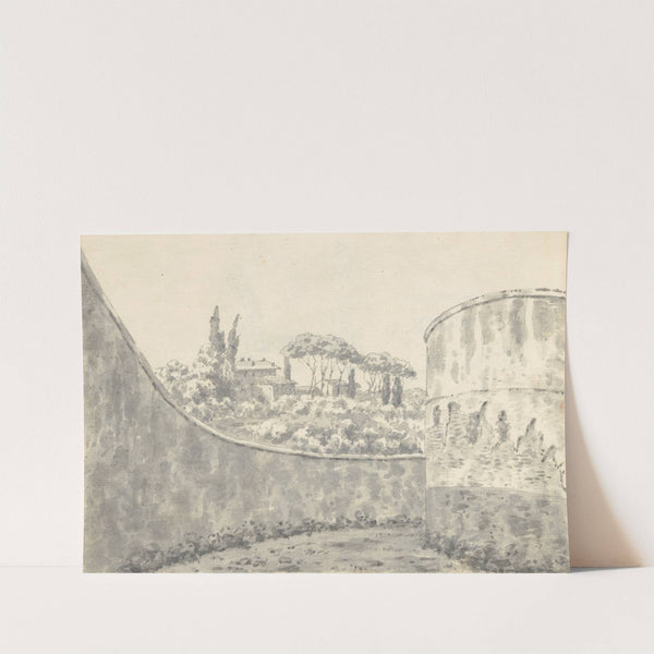 Landscape with a Curved Wall, Round Tower and Distant Villa by Joseph Wright of Derby