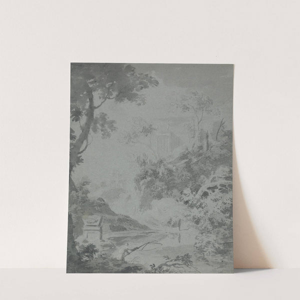 Landscape with a Distant Classical Building and a Man Fishing by William Taverner