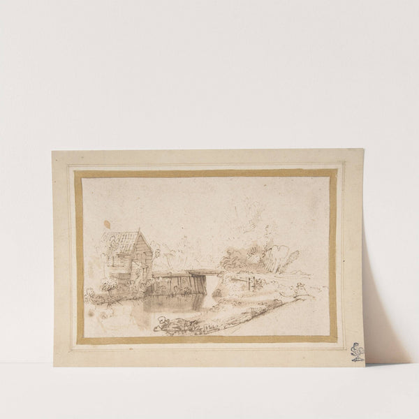 Landscape with a Draughtsman Seated by a River, a Bridge and a Cottage Behind (17th century) by Nicolaes Maes