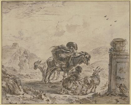 Landscape with a farmer with a loaded donkey and two goats, one of which is being milked by a girl