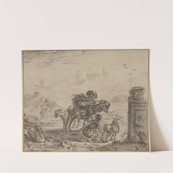 Landscape with a farmer with a loaded donkey and two goats, one of which is being milked by a girl by Joseph Roos