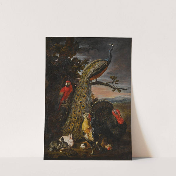 Landscape with a peacock, parrot, chicken, turkey, two rabbits and a guinea-pig by David de Coninck