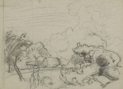 Landscape with a road overgrown with trees and a hay wagon (1880 - 1920)