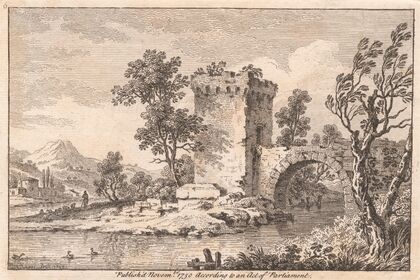 Landscape with a ruin, a river, a shepherd and sheep