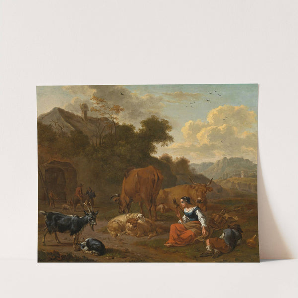 Landscape with a Spinner and Cattle by Dirck van Bergen
