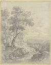 Landscape with a view of a mountain range, a man and his wife sitting on a slope in front