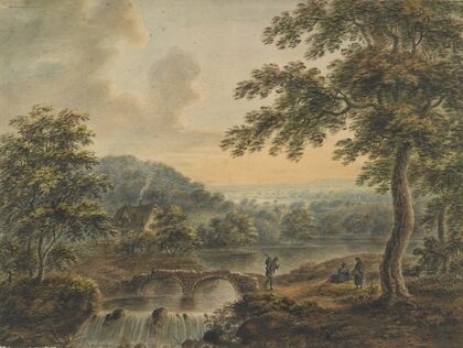 Landscape with bridge and waterfall