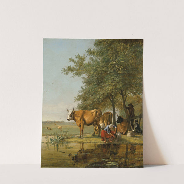 Landscape with cattle and a woman cleaning a bucket by a stream by Paulus Potter