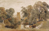 Landscape with cattle, geese, a lady washing clothes beside a river and a church tower beyond