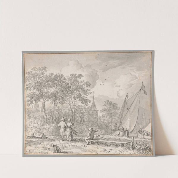 Landscape with Elegant Figures by a River, with Boats to the Right and a Town Behind Trees Beyond by Allaert van Everdingen
