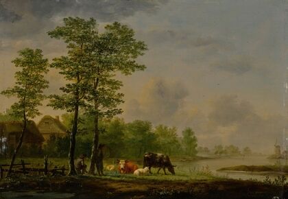 Landscape with farmers, cattle and sheep before a river