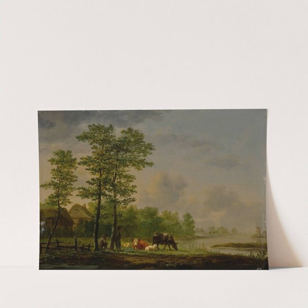 Landscape with farmers, cattle and sheep before a river by Andries Vermeulen