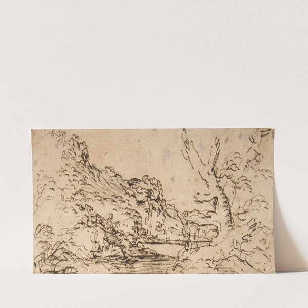 Landscape with hills and a lake, trees in right foreground (1615–73) by Salvator Rosa