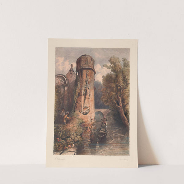 Landscape with man in boat playing lute near moss-covered tower (George Cattermole) (1850) by Louis Marvy
