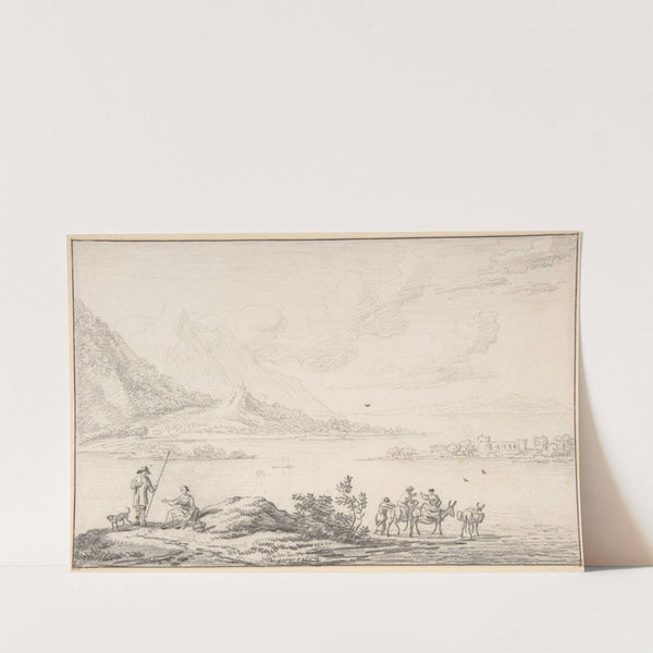 Landscape with mountains and a lake, figures in the foreground by Jan van der Meer the Younger