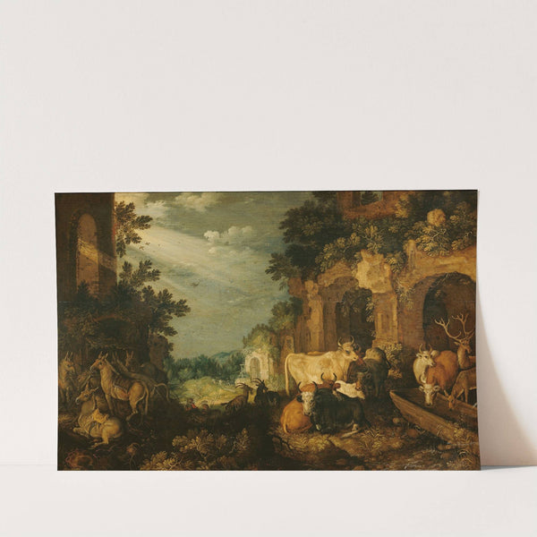 Landscape with ruins, cattle and deer by Roelant Savery