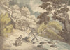 Landscape with rushing stream and a couple on the bank, frightened by a snake