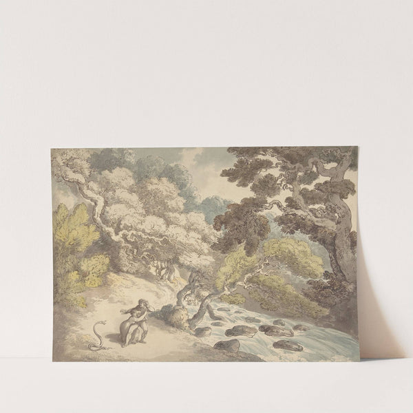 Landscape with rushing stream and a couple on the bank, frightened by a snake by Thomas Rowlandson
