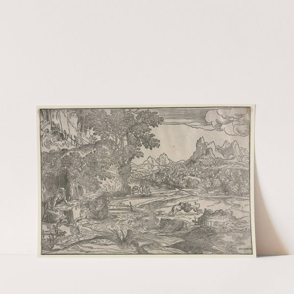 Landscape with Saint Jerome and Two Lions (c. 1530–35) by Domenico Campagnola