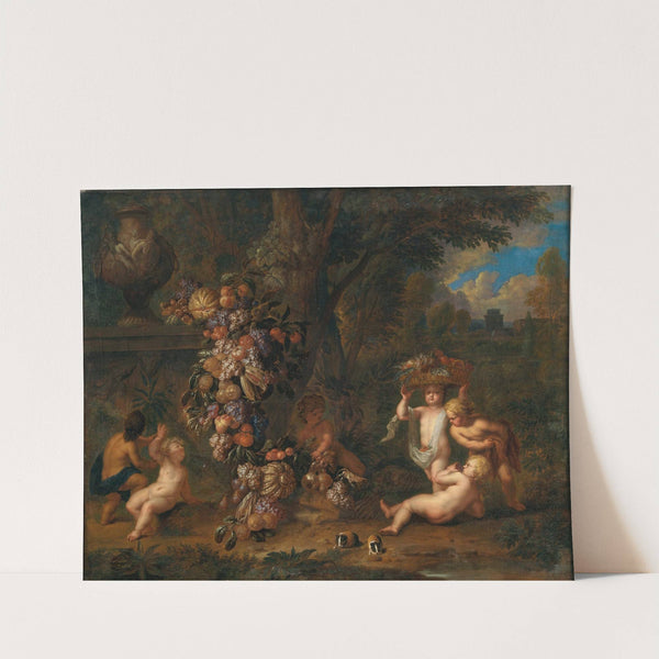 Landscape with six putti playing with a garland of fruit and two guinea pigs in the foreground by Jan Pauwel Gillemans the Younger
