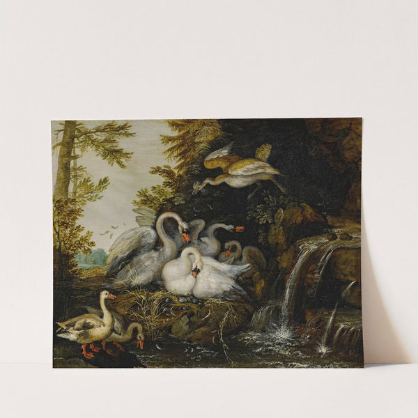 Landscape with swans near a waterfall by Roelant Savery