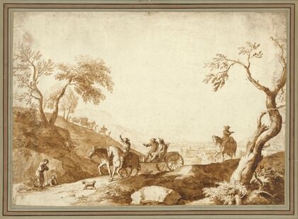 Landscape with Travellers, Two Riding in a Carriage Driven by a Postilion and a Third on Horseback behind